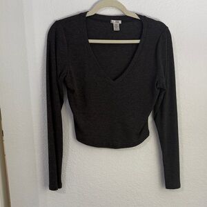 Bozzolo Charcoal Long Sleeve V-Neck Top